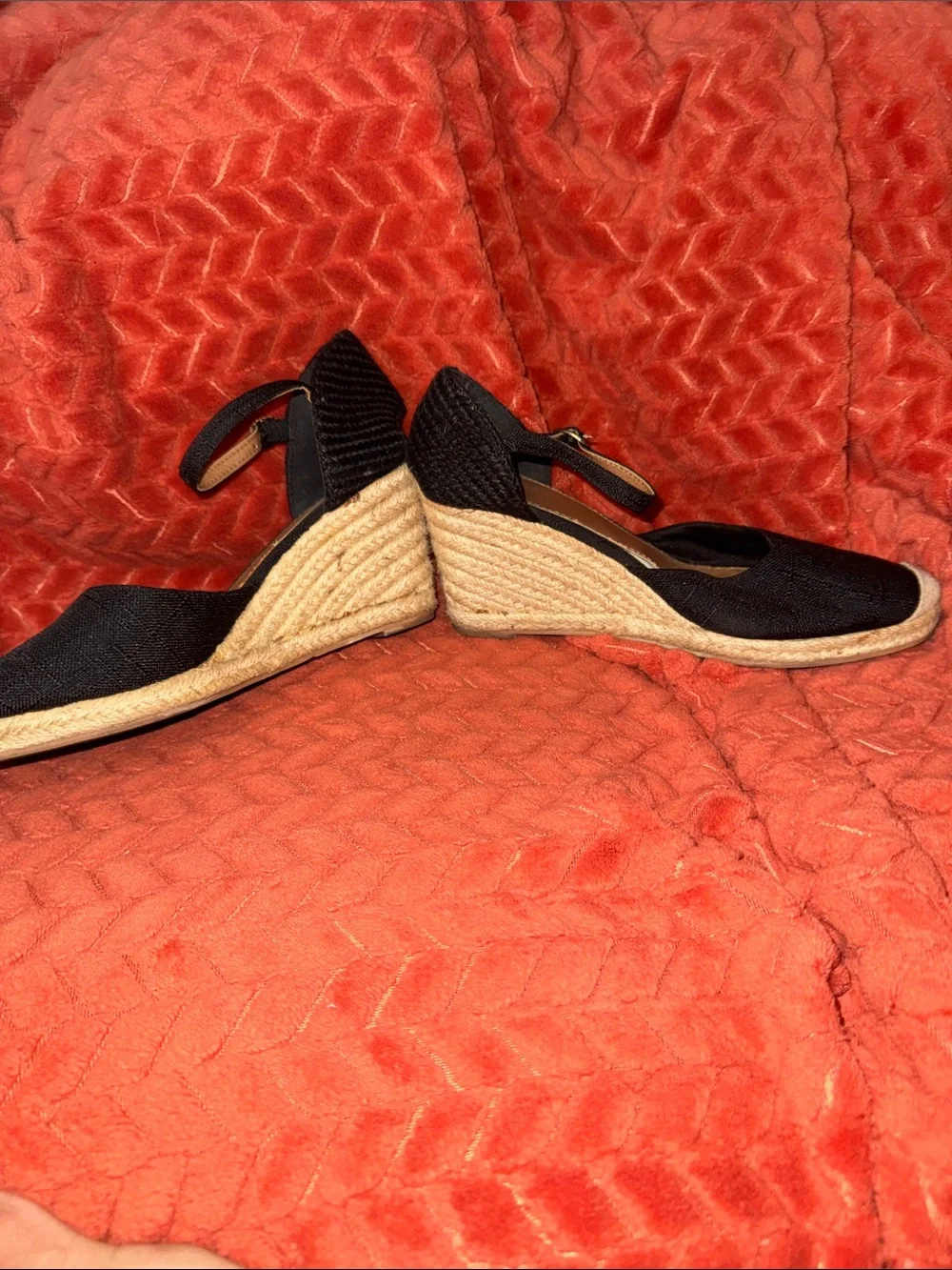 H&M Black Canvas Espadrille Wedge Sandals | Ankle Strap Resort Heels (Size US 8.